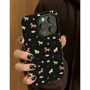 黑色烟花小马适用苹果17 iPhone17pro vivox200菲林二合一磨砂彩绘保护壳轻薄全包小米17华为p60