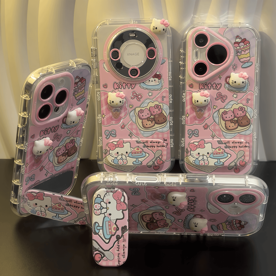 ins风羽纱奶油壳适用iPhone16pulsKT猫公仔镜子支架适用苹果16手机壳iPhone15小米14vivoppo华为p70华为p70女