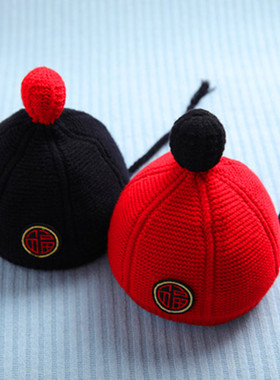 新生婴儿0--6-12个月红色保暖手工针织男女地主毛线宝宝帽子秋冬1