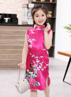 夏季女童红色旗袍儿童孔雀六一表演服中国风童装演出服连衣裙花朵