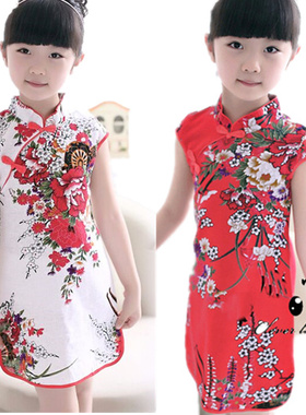 2025碎花裙子儿童旗袍红色中国风连衣裙棉麻印花唐装无袖女童包邮