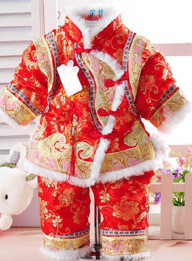 喜庆红色衣服女宝宝满月周岁厚棉衣冬季套装送礼婴儿幼儿唐装冬装