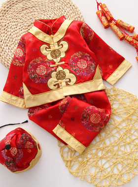 婴儿童2025春季女幼儿红色喜庆满月百岁服宝宝唐装秋装一周岁男童