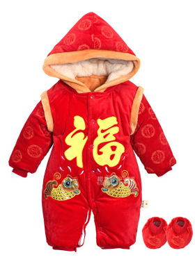 2025婴儿连体衣新生儿红色满月男女宝宝纯棉衣服秋冬季外穿爬爬服
