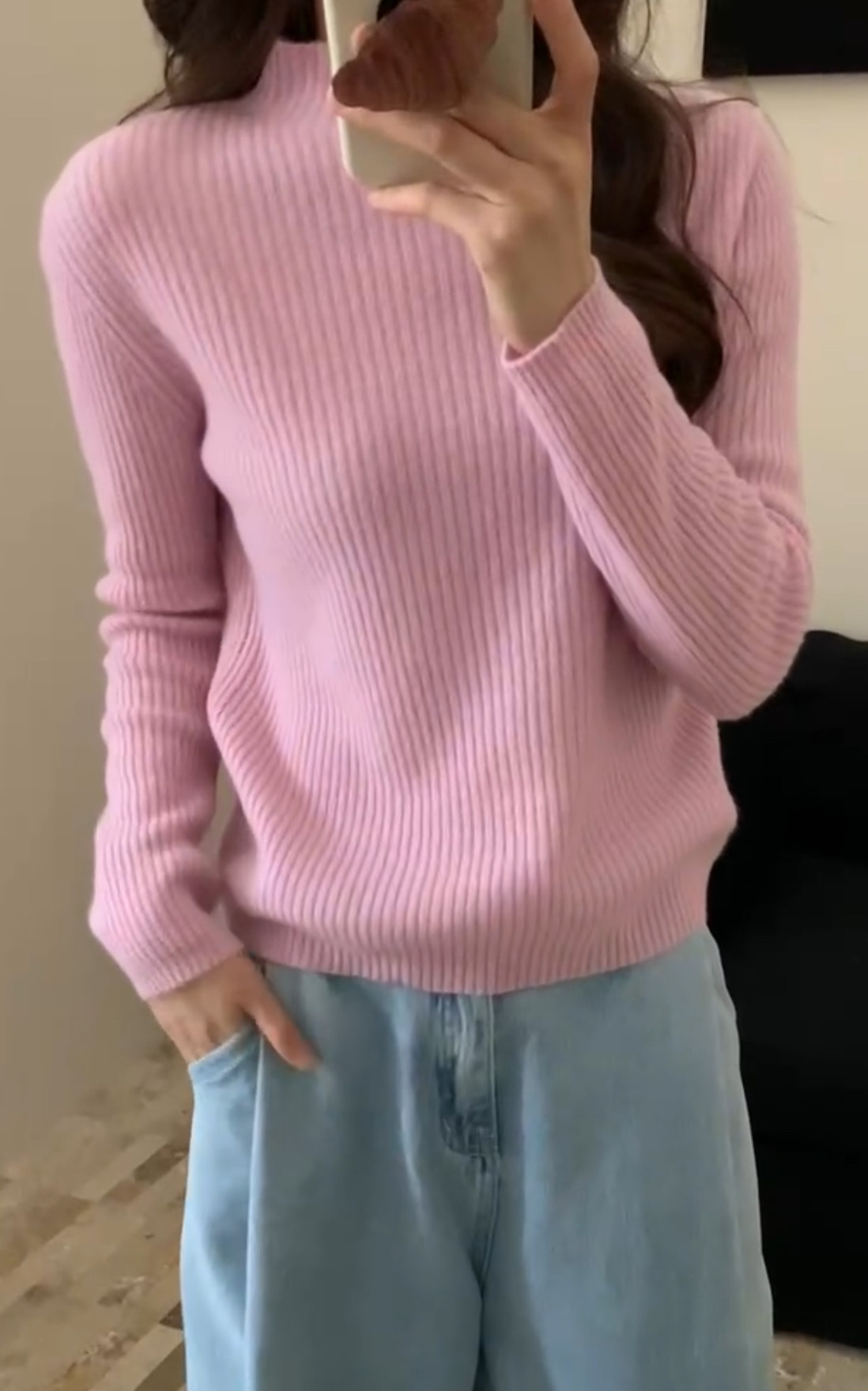 欧洲站2024秋季新款欧货简约糖果色坑条半高领羊毛针织衫打底衫女