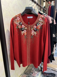 高档刺绣花丝光羊毛衫中老年人外套虎年本命年妈妈红色毛衣服开衫