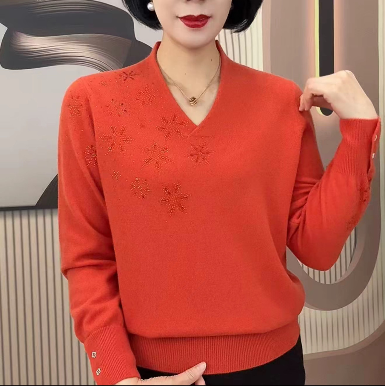 专柜款早秋新款100绵羊毛衫女V领洋气妈妈装针织打底衫软糯糯毛衣