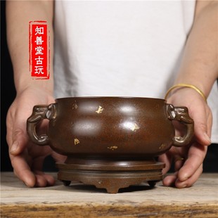 苏工纯铜点金象耳底座套炉 耳彝炉宣德套炉香薰炉铜炉家用工艺品