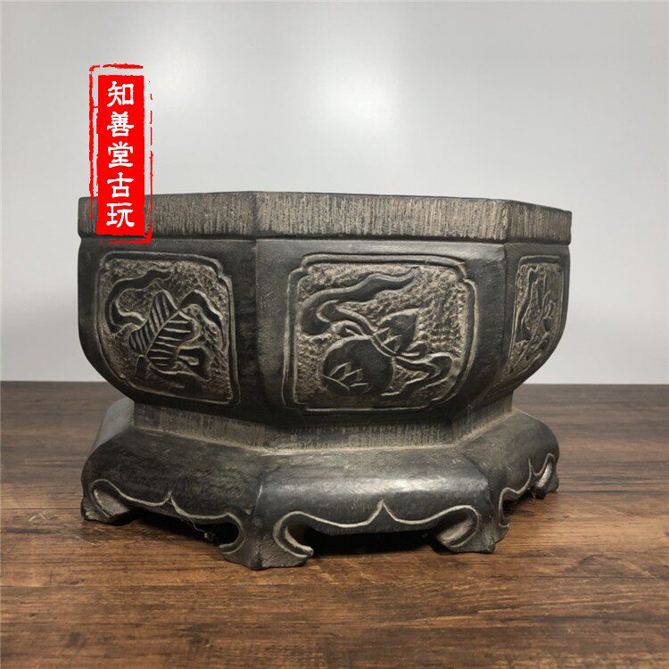 青石石雕仿古做旧纯手工雕刻案头暗八仙石盆花盆中式古典复古摆件