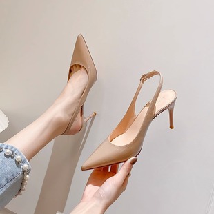 小香晚风名媛温柔裸色漆皮细跟设计感小众一字扣带凉鞋 法式 高跟鞋