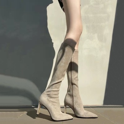 尖头高跟粗跟绒面长筒靴瘦瘦靴
