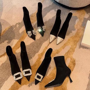 2026秋冬新款单靴尖头袜靴细跟高跟小短靴弹力布显瘦瘦靴绒面女靴