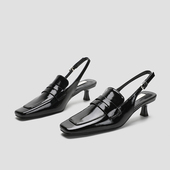 法式 女潮 方头小猫跟后空高级感黑色高跟单鞋 包头凉鞋 女2025年新款