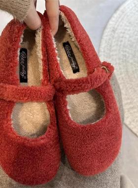 仙女风一字带玛丽珍毛毛鞋女秋冬外穿晚晚羊羔毛加绒平底豆豆单鞋