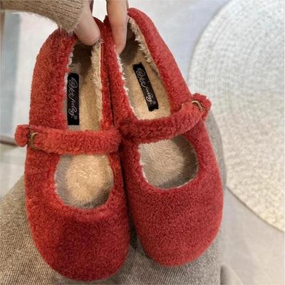 单鞋平底一字带玛丽珍毛毛鞋秋冬