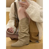 2026年新款 美拉德色骑士靴女粗跟复古内增高显瘦褶皱堆堆长筒靴女