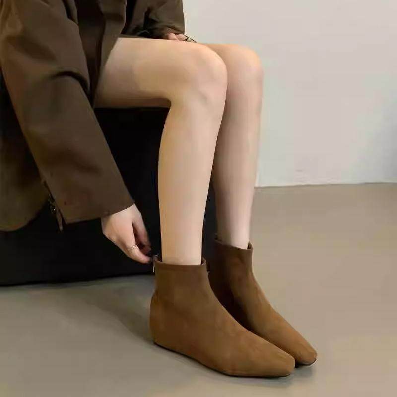 2025秋冬新款绒面坡跟中跟短靴弹力靴平底方头内增高瘦瘦靴女靴子,女鞋,时装靴,淘宝优惠券,粉丝福利购,淘宝优惠卷