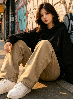 小个子美式复古卡其色牛仔裤女款夏季高腰宽松阔腿裤子直筒休闲裤