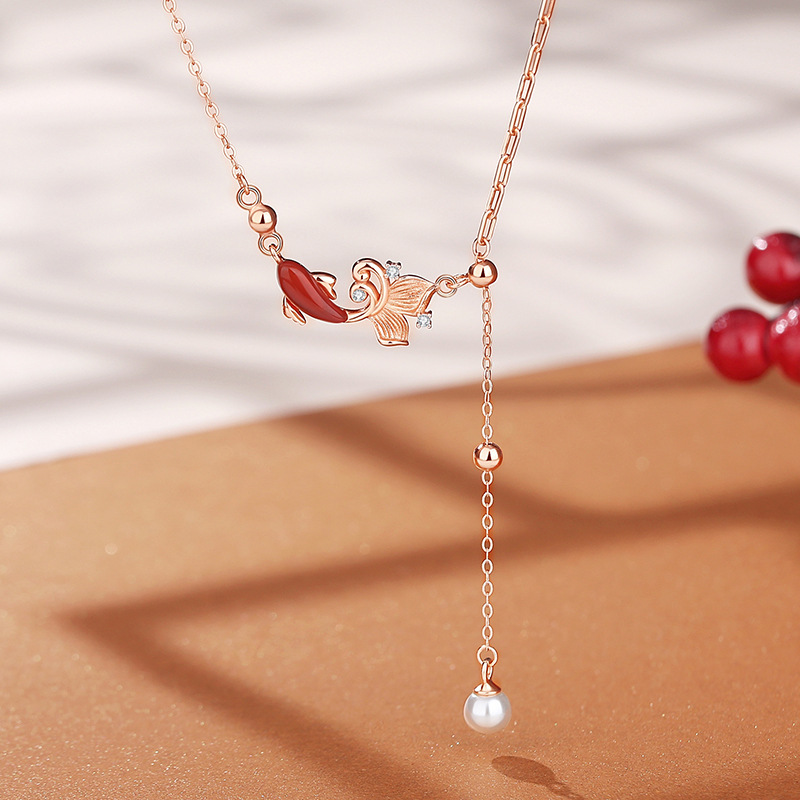 锦鲤项链女S925纯银复古新中式年年有余流苏珍珠毛衣链新年项饰品