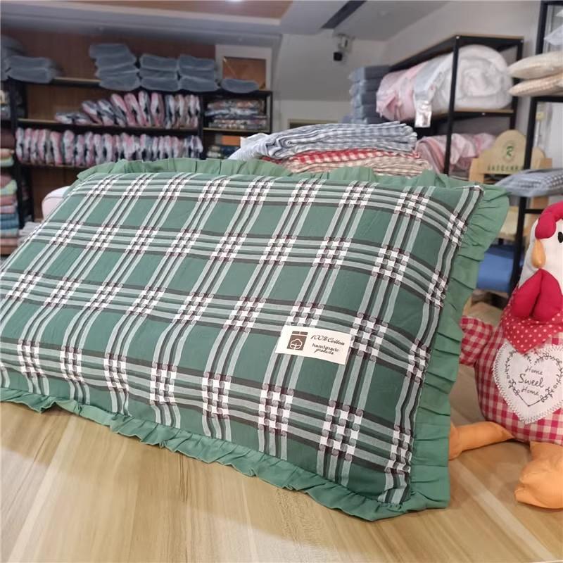 学生格子枕套水洗纯棉韩式花边宿舍枕头套40*60成人48*74一支装