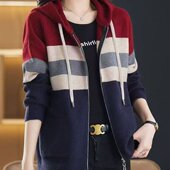 连帽针织开衫 新款 女拼色拉链毛衣外套 2026春秋季 一件代发直播爆款