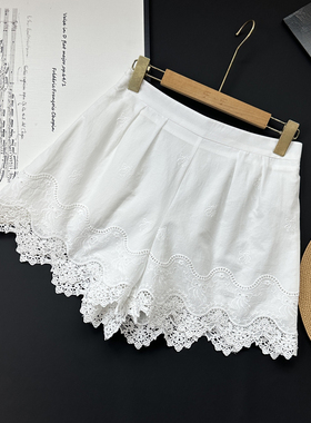 Jue美！法式浪漫魔法白色100%棉精美镂空绣松紧腰A字蕾丝阔腿短裤