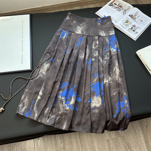 奢侈罕见撞色印花 垂顺感抗皱半裙显瘦高腰百褶伞裙中长A字半身裙