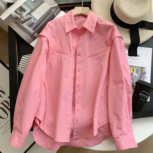 粉色衬衫 春夏宽松慵懒风长袖 女洋气时尚 好看到Bao警 衬衣式 薄外套