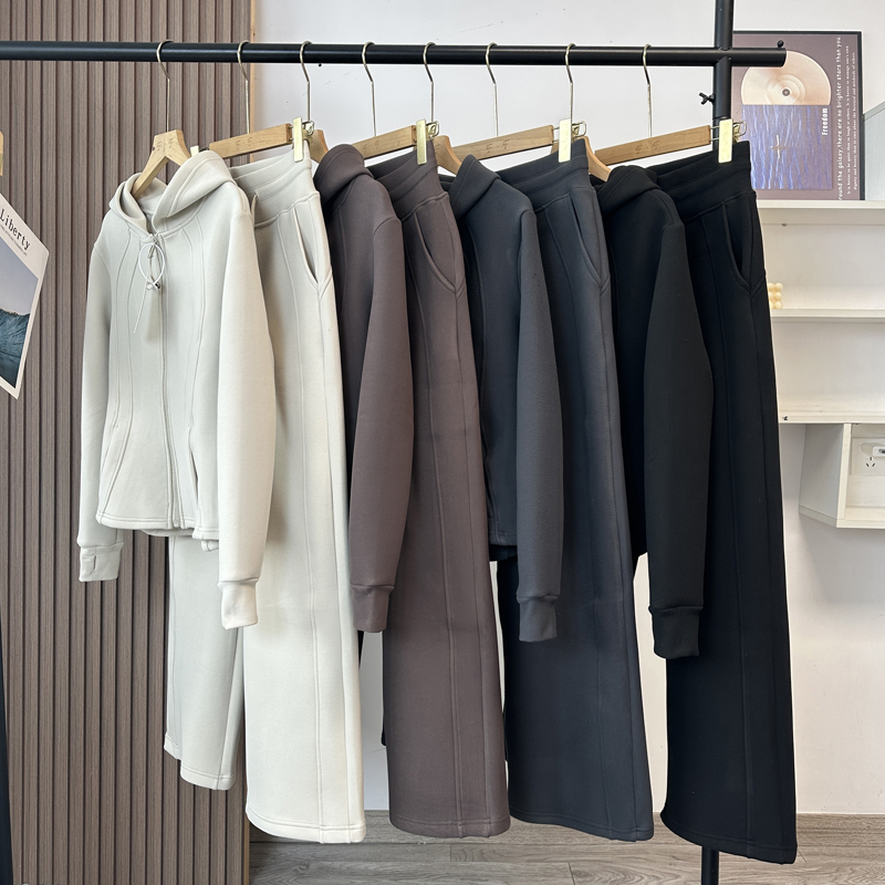 加绒加厚连帽卫衣运动阔腿裤套装