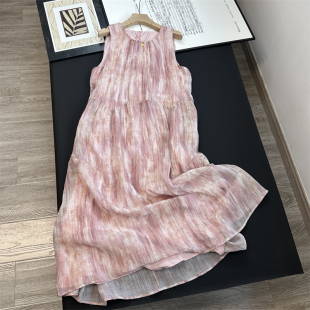 粉色扎染 背心长裙连衣裙女夏 天丝透气薄纱圆领度假气质宽松无袖