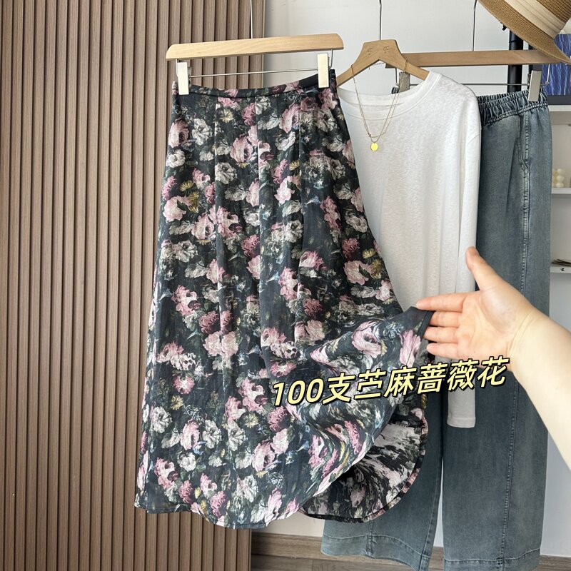 摇曳身姿 100高支苎麻蓬松轻盈柔韧松紧腰蔷薇花半身裙A字中长裙