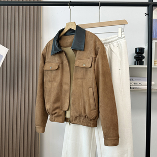 巴恩风复古茶棕色拼接皮领麂皮夹克秋冬宽松加绒外套美式男女上衣