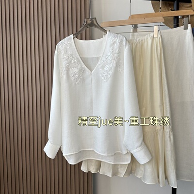 国风重工刺绣珠人棉白衬衫上衣