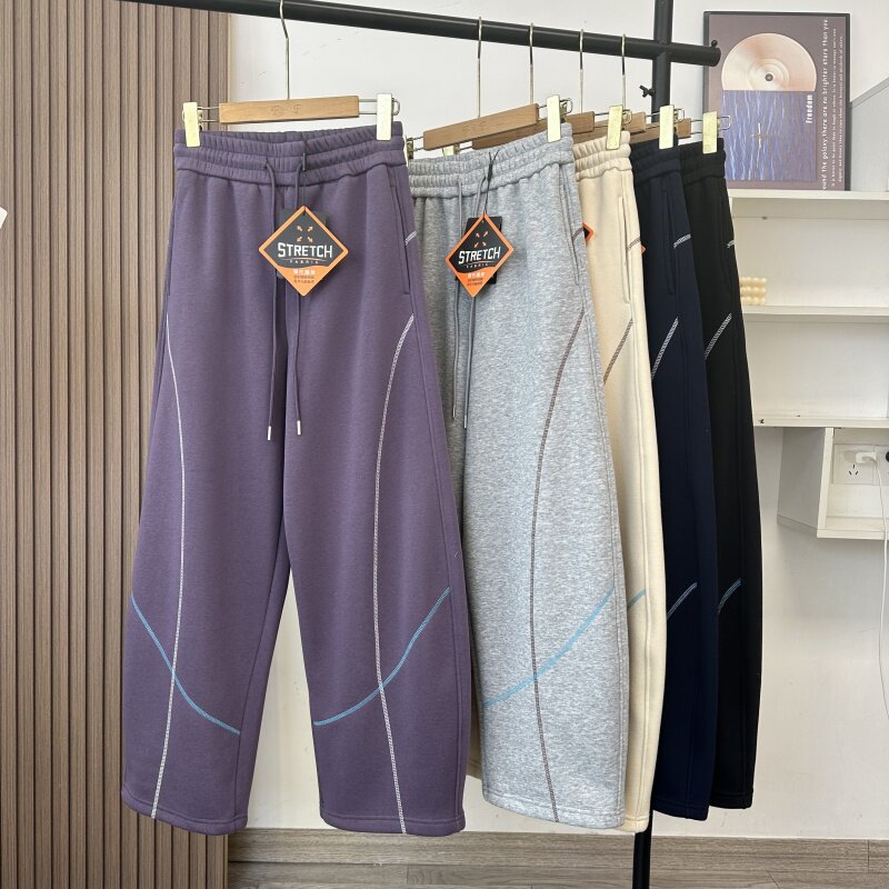 撞色辑线运动卫裤弯刀阔腿加绒裤
