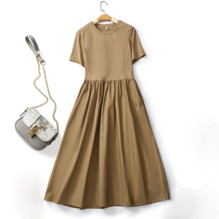 日单u~女装23夏款纯棉圆领褶皱拼接显瘦喇叭型中长裙短袖连衣裙