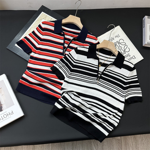 深呼吸莱赛尔棉 蚕丝混纺肌理感撞色条纹POLO衫显瘦时尚针织薄T恤