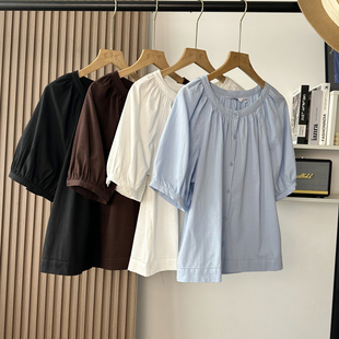 上衣 日系u 春夏棉质混纺圆领蓝色单排扣泡泡袖 衬衫 女宽松打褶短袖