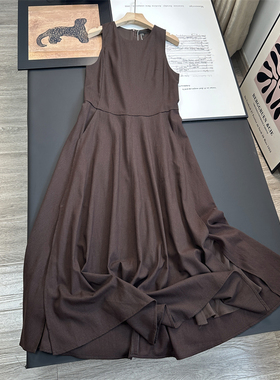 狠舒服的调调~复古棕色亚麻无袖背心裙圆领连衣裙女气质显瘦长款