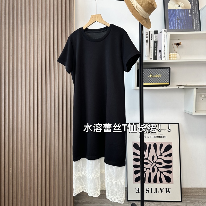 浪漫氛围 空气棉感果冻T恤裙水溶刺绣蕾丝拼接黑色直筒显瘦连衣裙