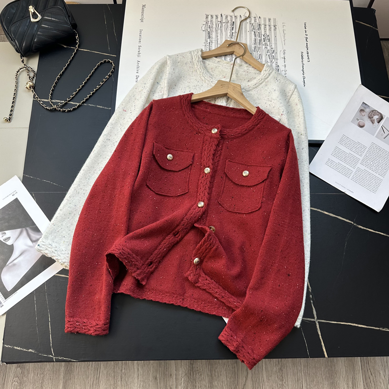 红色彩点纱针织圆领纽扣毛衣开衫