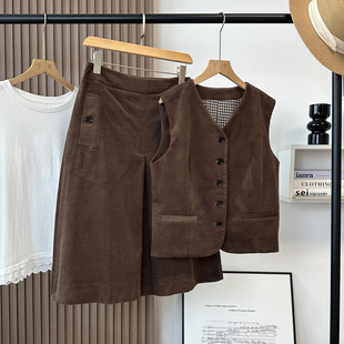 背心马甲高腰A字半裙套装 美拉德复古棕色荃棉灯芯绒无袖 y料 禾