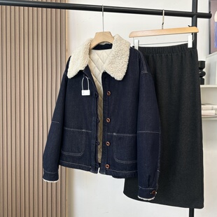 原色牛！复古温暖显瘦羊羔毛翻领宽松短款工装夹棉服牛仔外套女冬