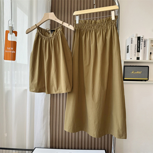 西班牙单 气质美拉德棕色 绕颈系带圆领削肩无袖衬衫+半身裙套装