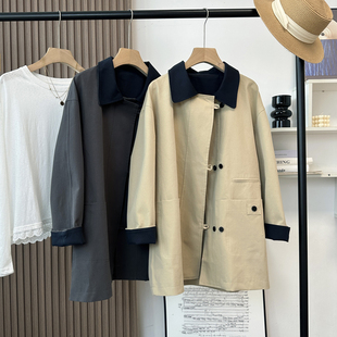 秋日序章 撞色翻领巴恩风廓形中长风衣外套女 莱赛尔棉挺括有筋骨
