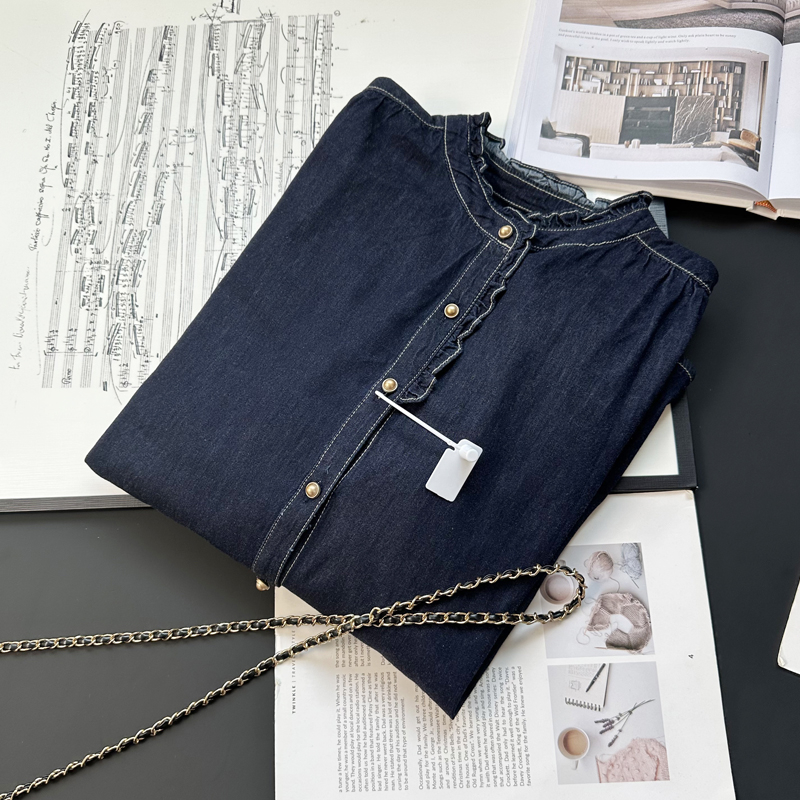木耳边立领复古原色深蓝牛仔
