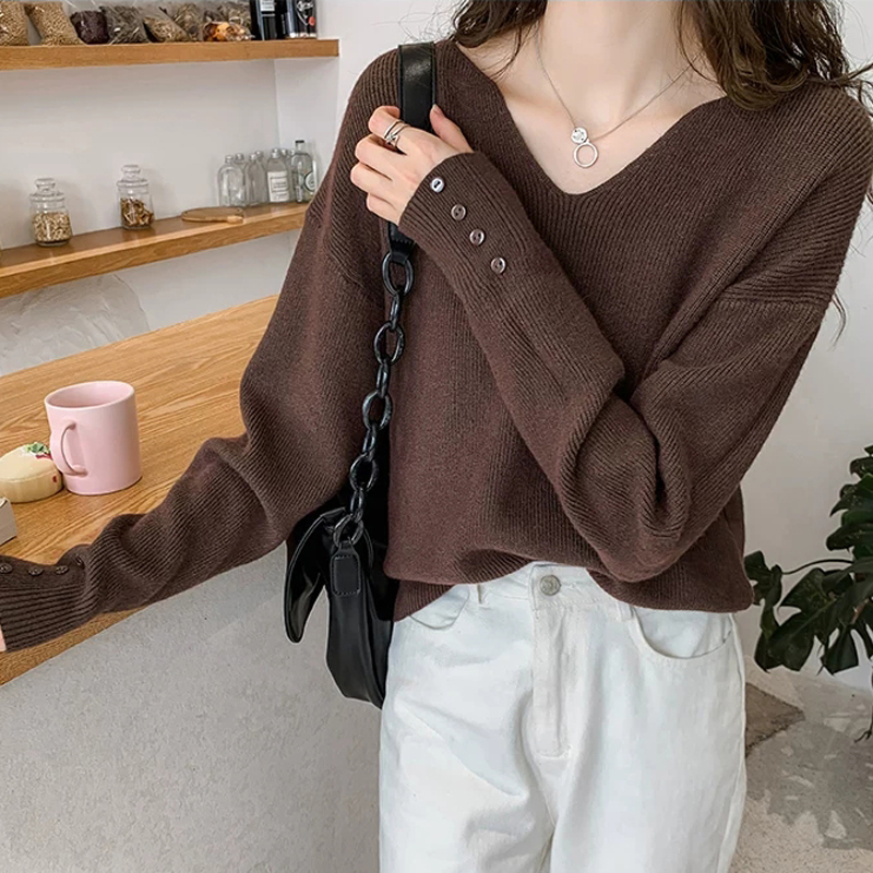 V领宽松针织衫毛衣多色袖口纽扣