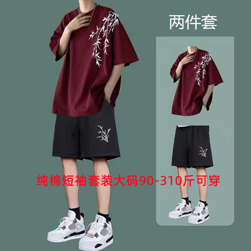 新中式纯棉短袖t恤男夏季薄款休闲运动短裤套装加肥加大码两件套