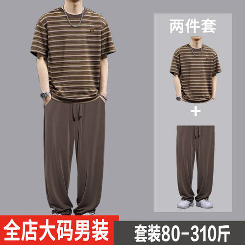 肥佬特大码休闲运动套装男士透气薄款百搭两件套短袖圆领T恤男装