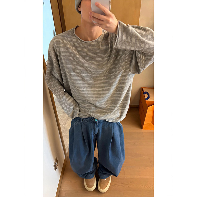 慵懒风灰色卷边条纹长袖T恤男秋季新款松弛感卫衣休闲打底衫上衣