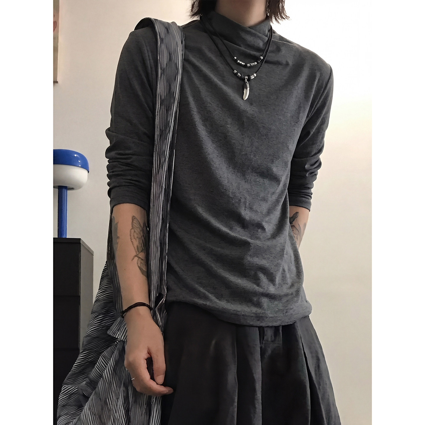 设计感半高领长袖正肩T恤深灰色男修身秋季打底衫高级感内搭卫衣